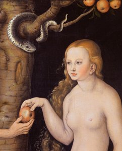 Eva oferecendo a maçã para Adão no Jardim do Éden e a serpente, c.1520-25 óleo sobre madeira detalhe de 407328
